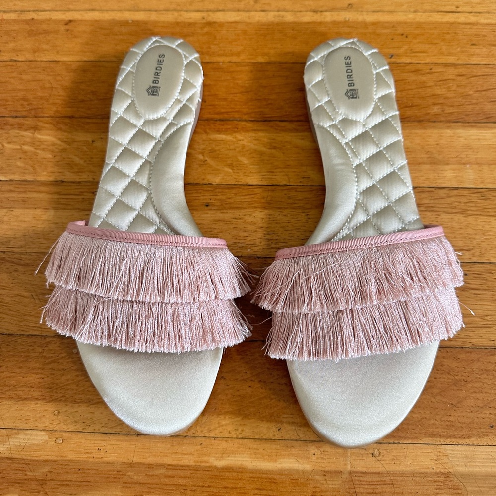 Birdies Blush Pink Sparrow Fringe Slide Sandals, Size 9